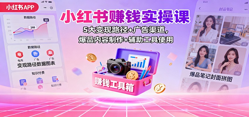 小红书赚钱实操课：5大变现路径+广告渠道，爆品内容制作+辅助工具使用-摇钱树