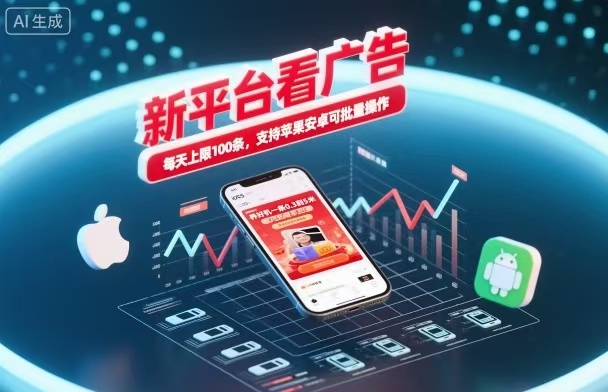 新台看广告，养好机一条5毛到5块，单机日入30到100，支持苹果安卓，可批量操作。-摇钱树